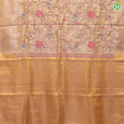 Lavender base gold zari with silk thread floral embroidered design plain gold zari zig zag border embroidery silk saree