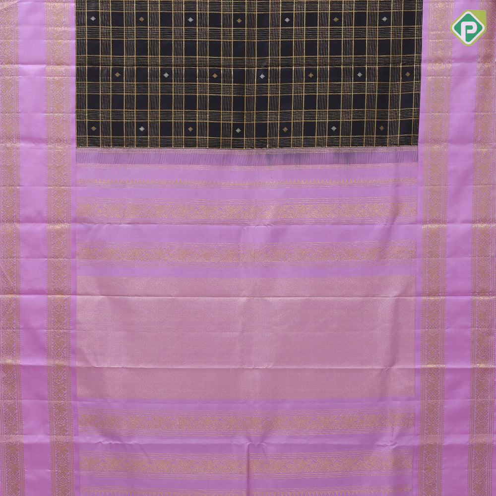 Mid night blue gold zari velthari checks diamond butta lavender gold zari floral retta pett border vintage silk saree