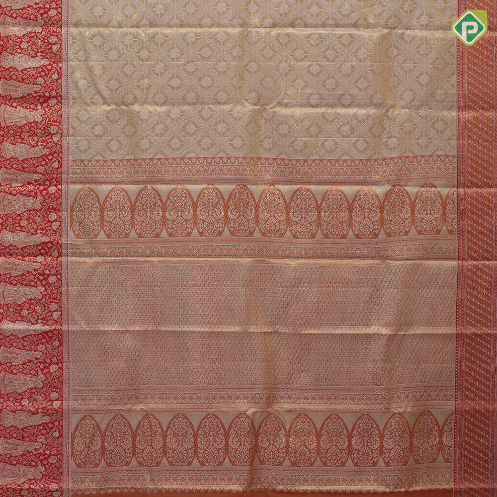 Peach Gold Zari Peacock Chagaram Brocade Design Chilly Red Floral Nayaki  Border Design Tissue Silk saree