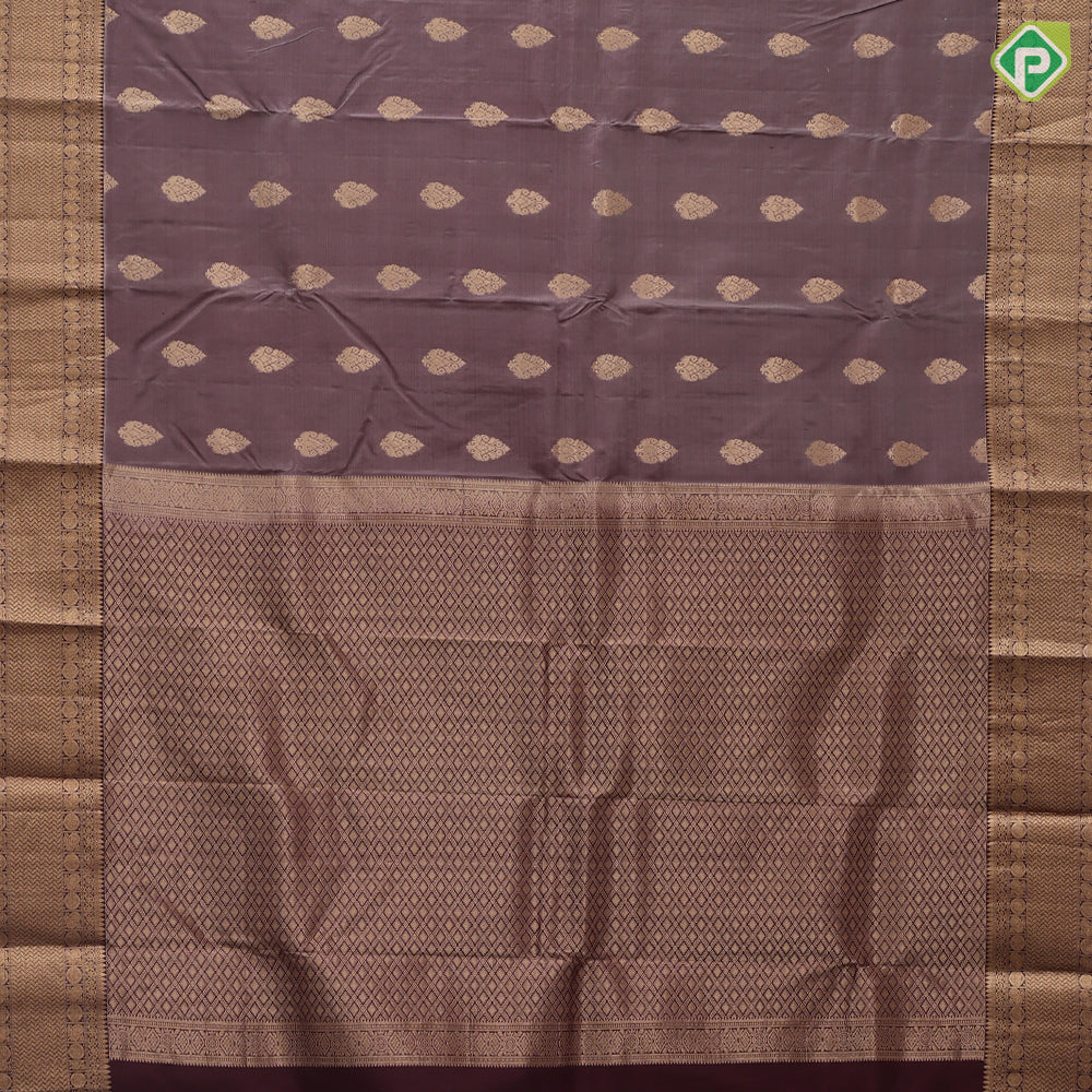Taupe Gold Zari Thilagam Butta Design Coffee Brown Peacock Chagara Border Design Traditional Silk Saree