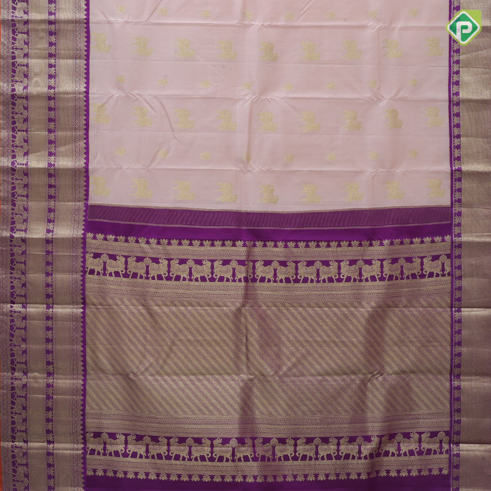 Peach gold zari cow and flower butta design purple gold zari cow flower zig zag design border pure silk saree