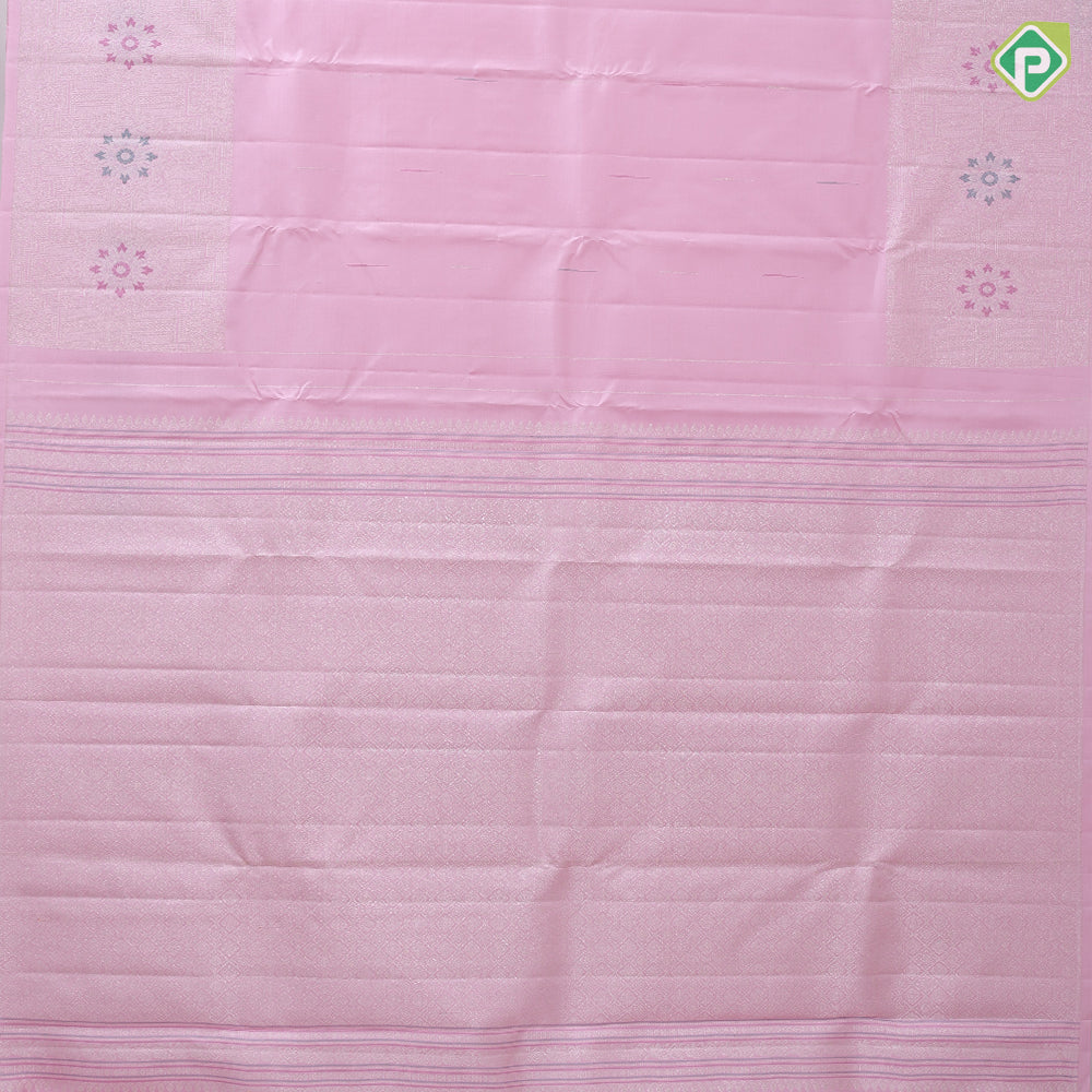 Pale pink and multi color zari rain drop design self silver zari mid meena work geomatical design border trendy designer silk saree