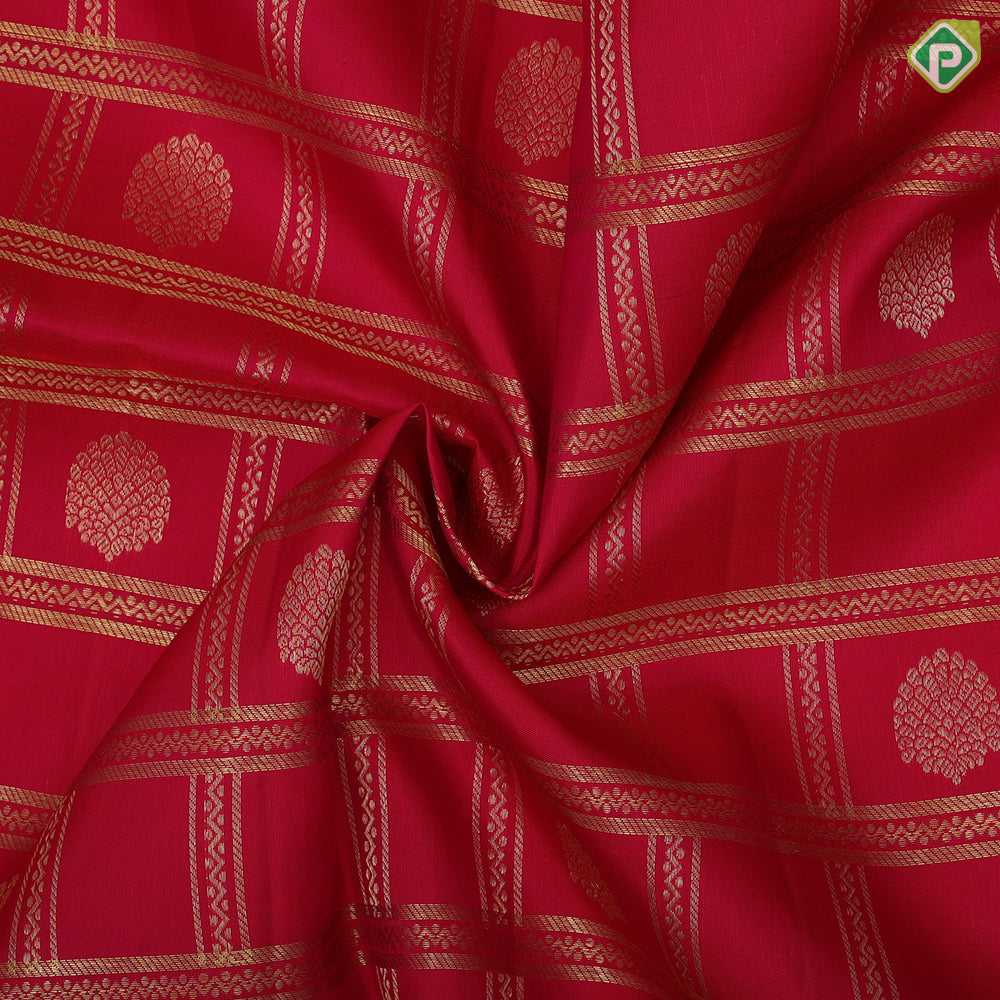 Reddish Pink gold zari tricolor checks butta design purple gold zari rangoli bavanji border pattu paavadai lehanka