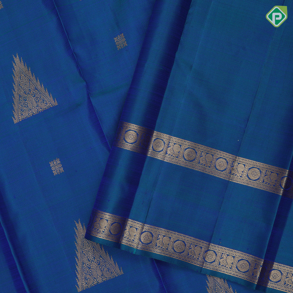 Peacock blue gold zari fancy tower butta self gold zari rettapet border traditional silk saree
