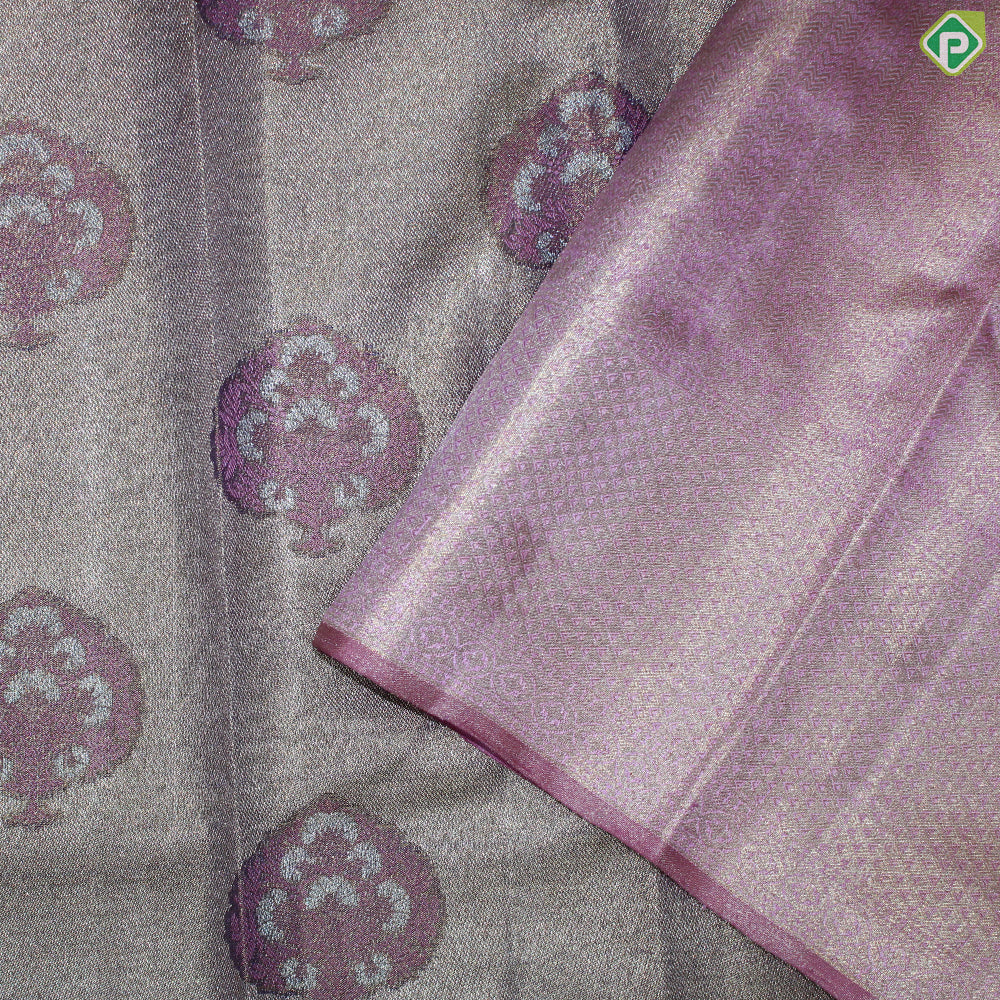 Golden Beige Fancy Tree Butta Contrast Pink Silver Gold Zari Mayilkan Border Grand Bridal Silk Saree
