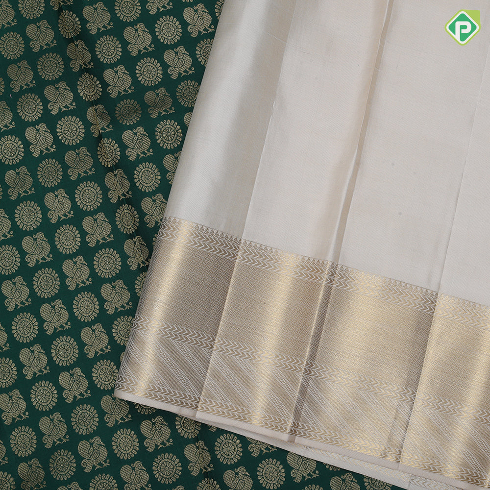 bottle green gold zari chakkaram and annam butta contrast sandal gold zari border grand bridal silk saree