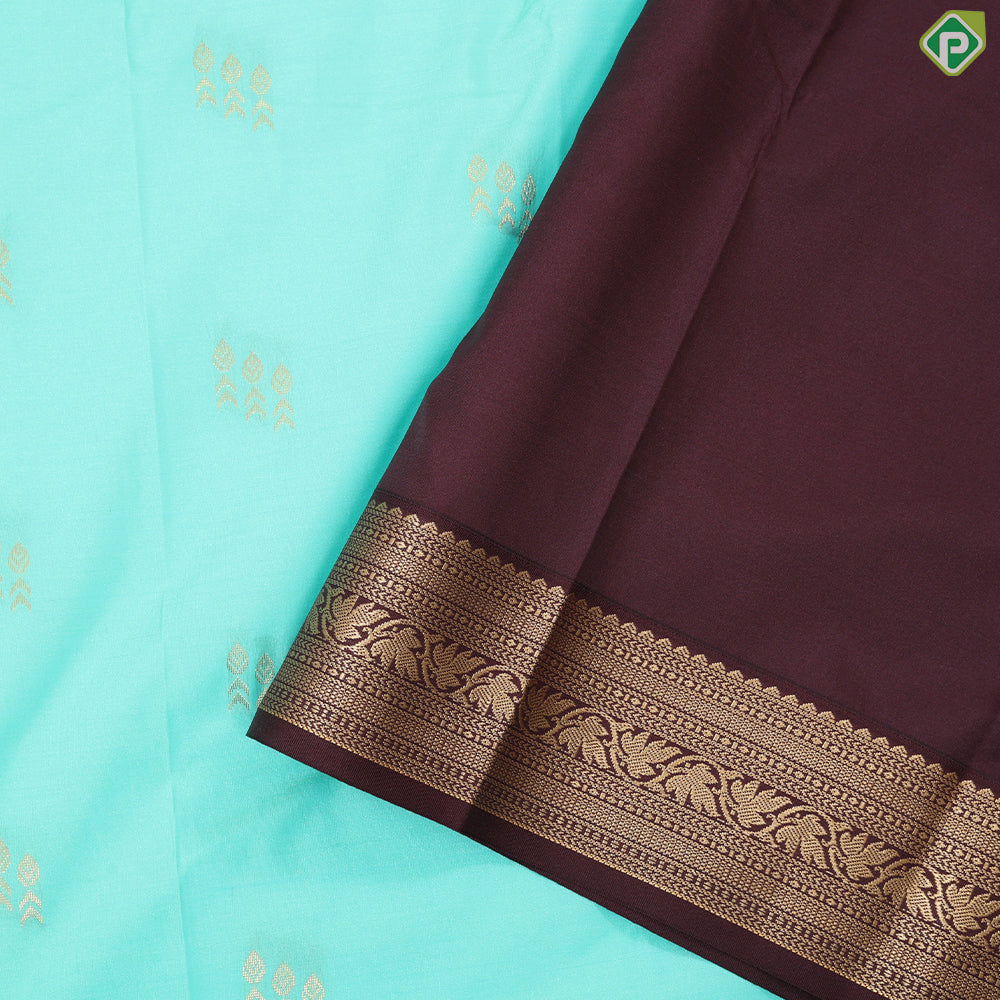 Spring green gold zari butta design contrast brown rangoli border gift saree