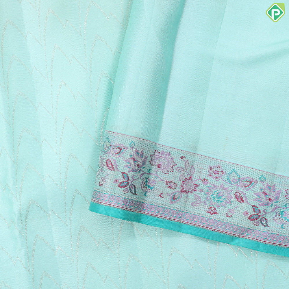 Suffire green silver zari zig zag waves design self multi color pythonic border grand bridal silk saree