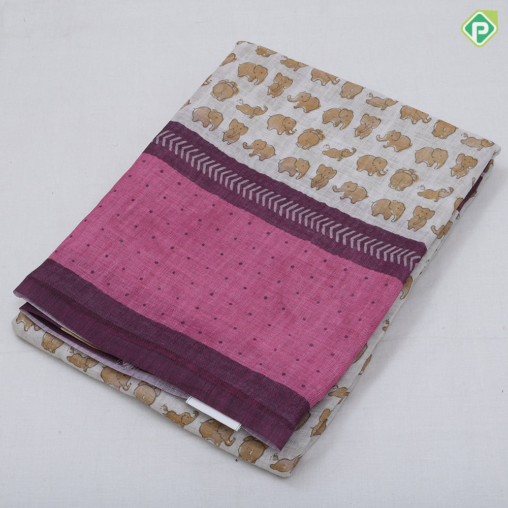 White Based Small Elephant Motif Contrast Border Arrow And Dart Design Fancy Cotton Saree