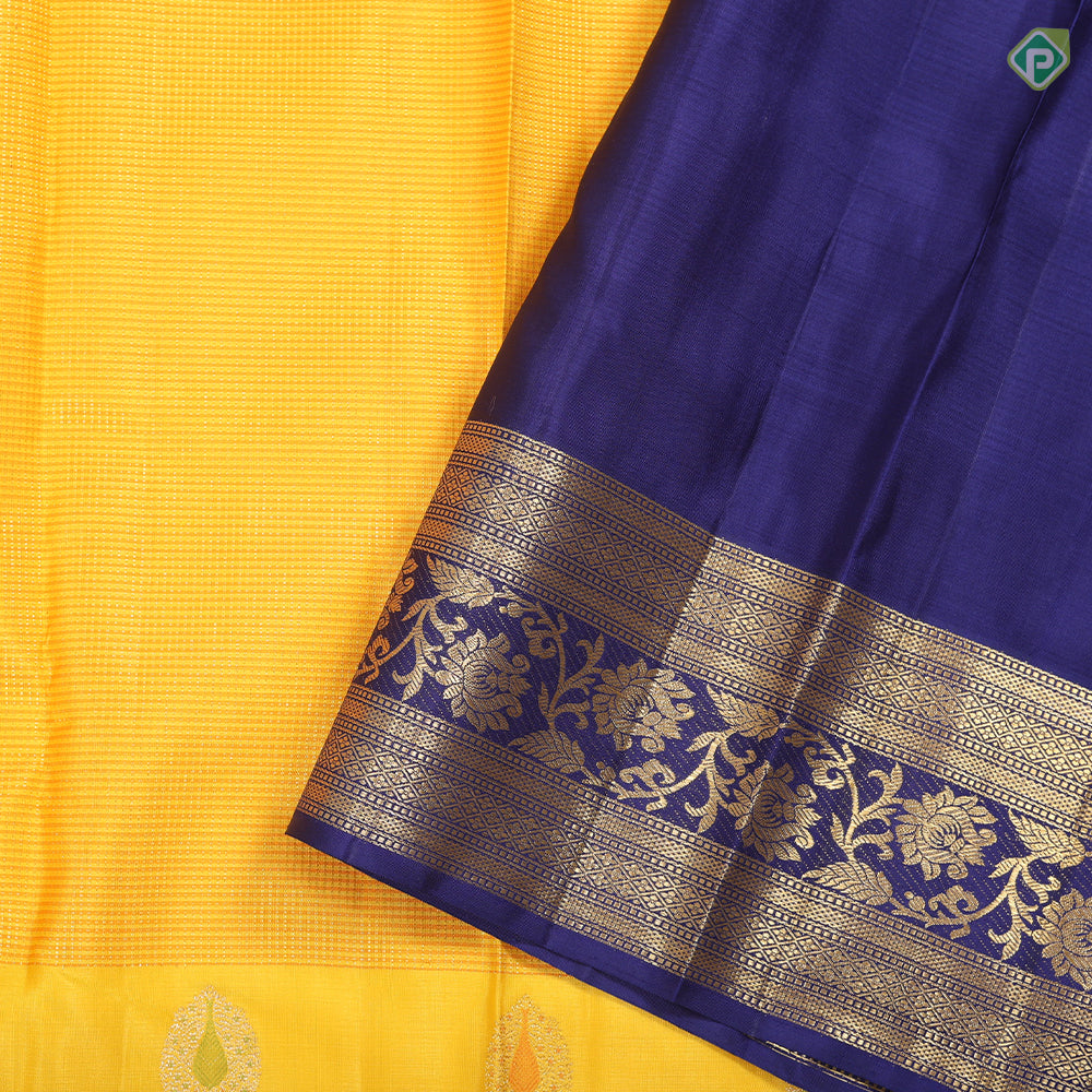 Mango yellow honey orange gold zari micro checks design Contrast Blue gold zari meena work border Traditional silk saree