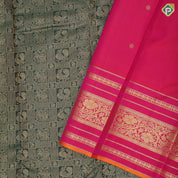 Forest green gold zari flying horse and annam butta checks Pink gold zari rangoli design temple border traditional silk saree