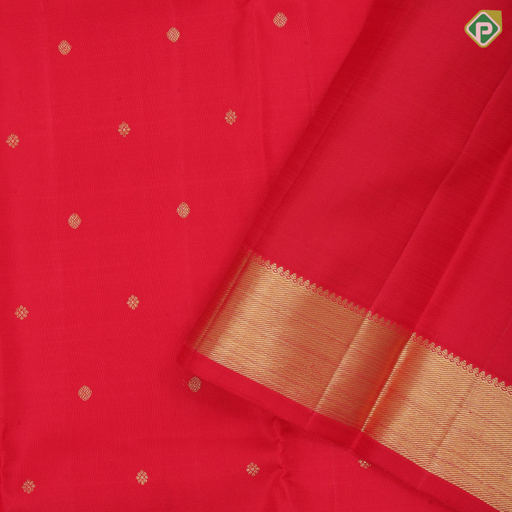 Chilly red gold zari small chakkaram and rudraksham butta self gold zari edge border traditional silk saree