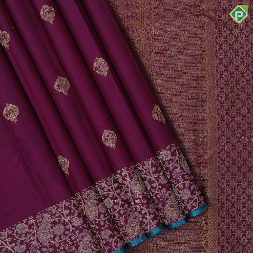Dark purple gold zari fancy leaf butta design self gold zari grand peacock and creeper design border gift silk saree