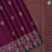 Dark purple gold zari fancy leaf butta design self gold zari grand peacock and creeper design border gift silk saree