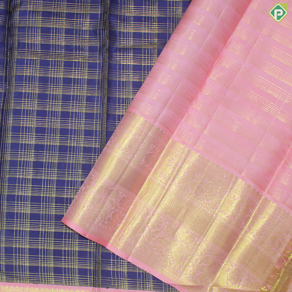 Navy Bule Gold Zari With Peach Pink Border Traditional Silk Saree