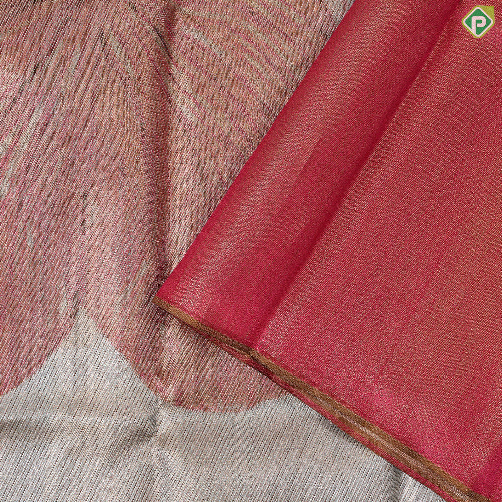 Multi color artistic Scenery effect weaved design dark onion pink plain border exclusive tissue silk saree