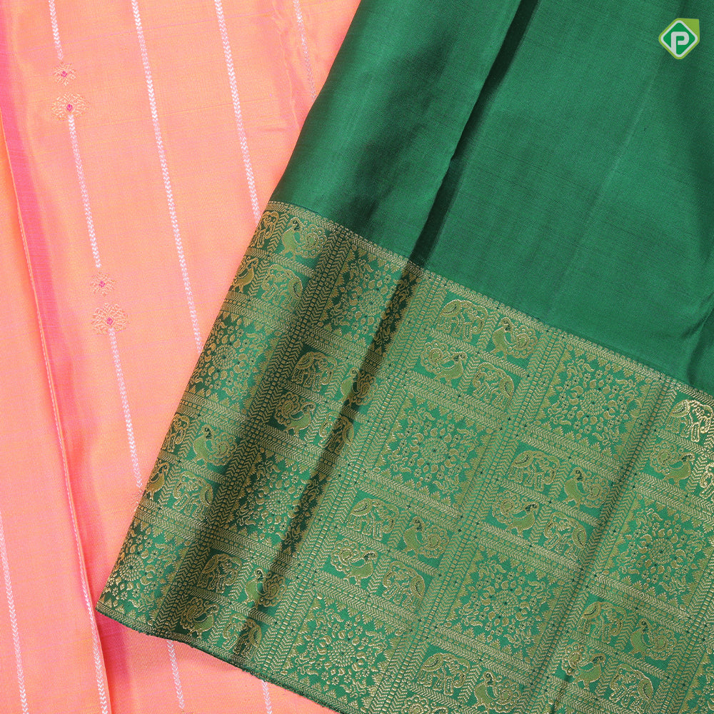 Peach Pink silver gold zari beads design Contrast green koorvai border pastel traditional Silk Saree