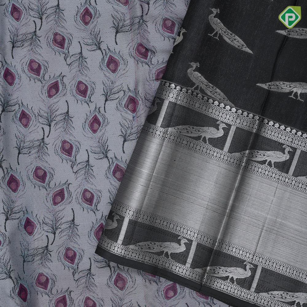 Gray Colour Thread Peacock Feather Design Black Colour Silver Zari Peacock Design Trending Fancy Silk Saree