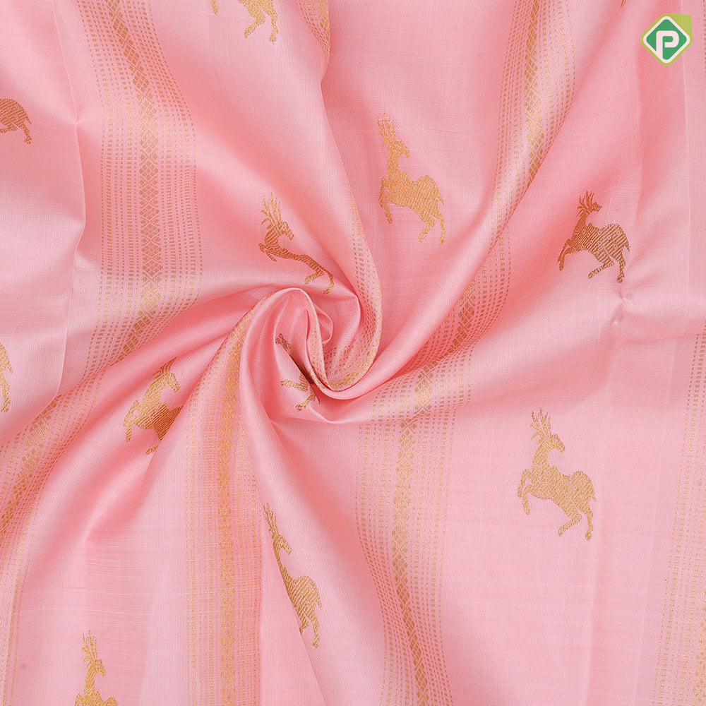 Light pink gold zari deer and stripes design purple blue gold zari lines border pattu paavadai lehanka