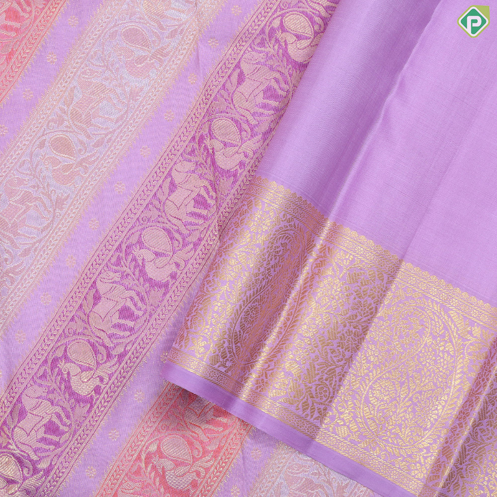 Lavender base multi color silver gold zari butta rangoli lines self mango butta border exclusive bridal silk saree