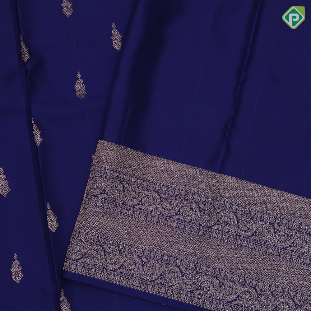 Indigo blue copper zari diamond mango butta self copper zari rangoli border traditional silk saree
