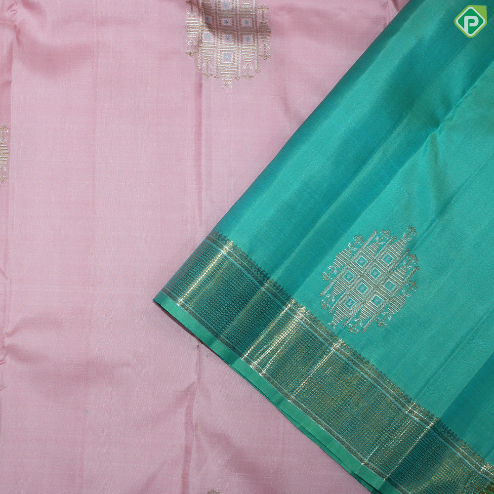 Peach Pink Gold Zari Motif With Mayilkan Design Gold And Silver Traditional Silk Saree