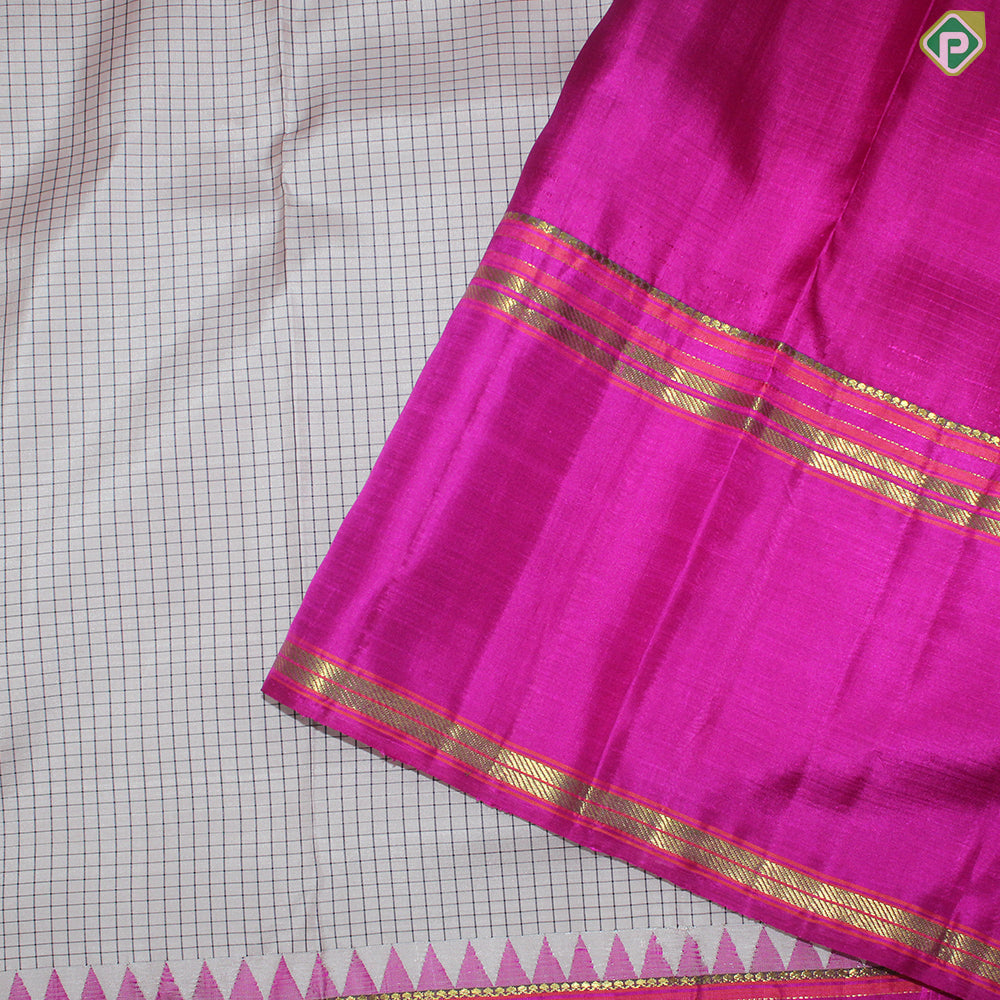 Creamy Peach With Grape Brown Small Checks Contrast Border Traditional Silk Saree