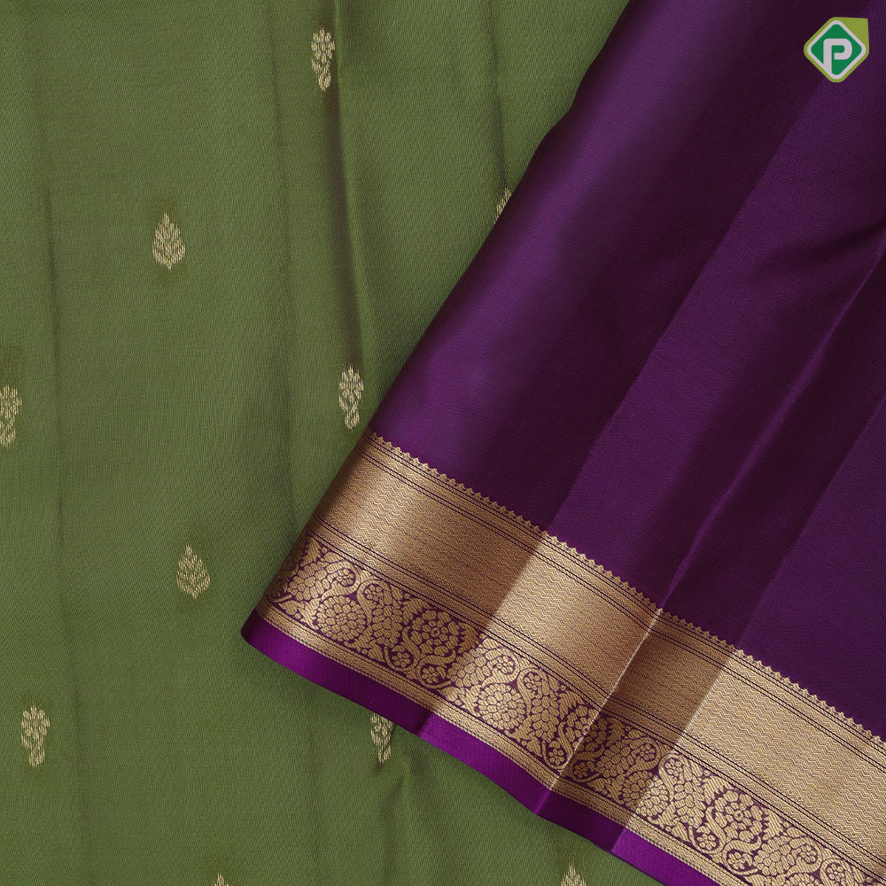 Leaf Green Gold Zari Thilagam Flower Butta Design Purple Floral Weave Border Design Pure Mix Silk Saree