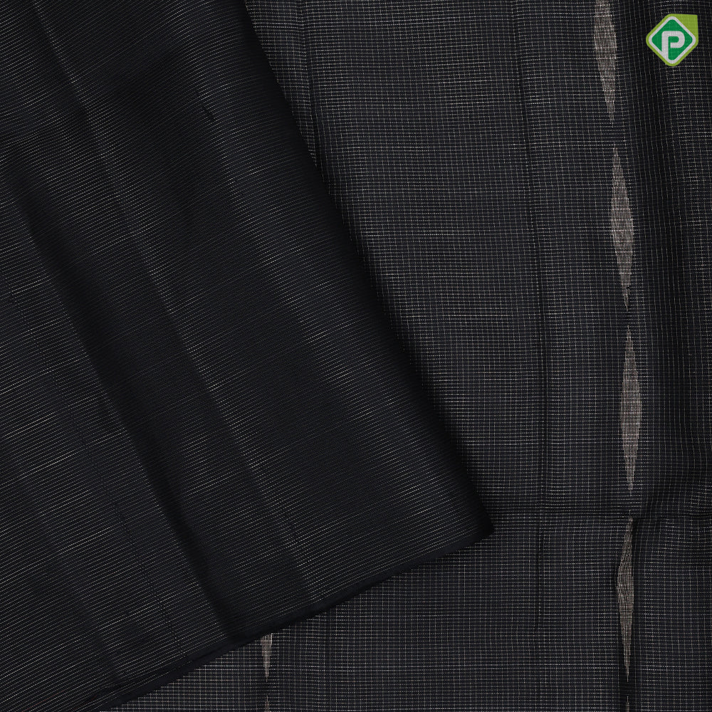Black with silver zari micro checks and diamond shape borderless grand pallu soft silk saree
