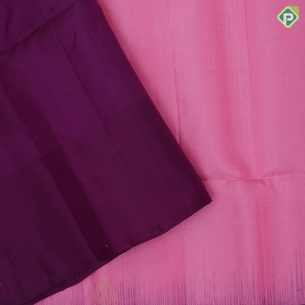 Baby pink gold zari fancy leaf butta motifs purple plain border contrast grand pallu soft silk saree