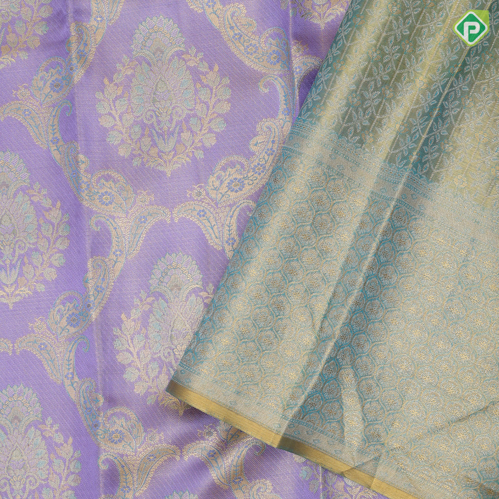 Lavender silver gold zari grand floral design Sea blue gold zari fancy floral design tissue silk saree