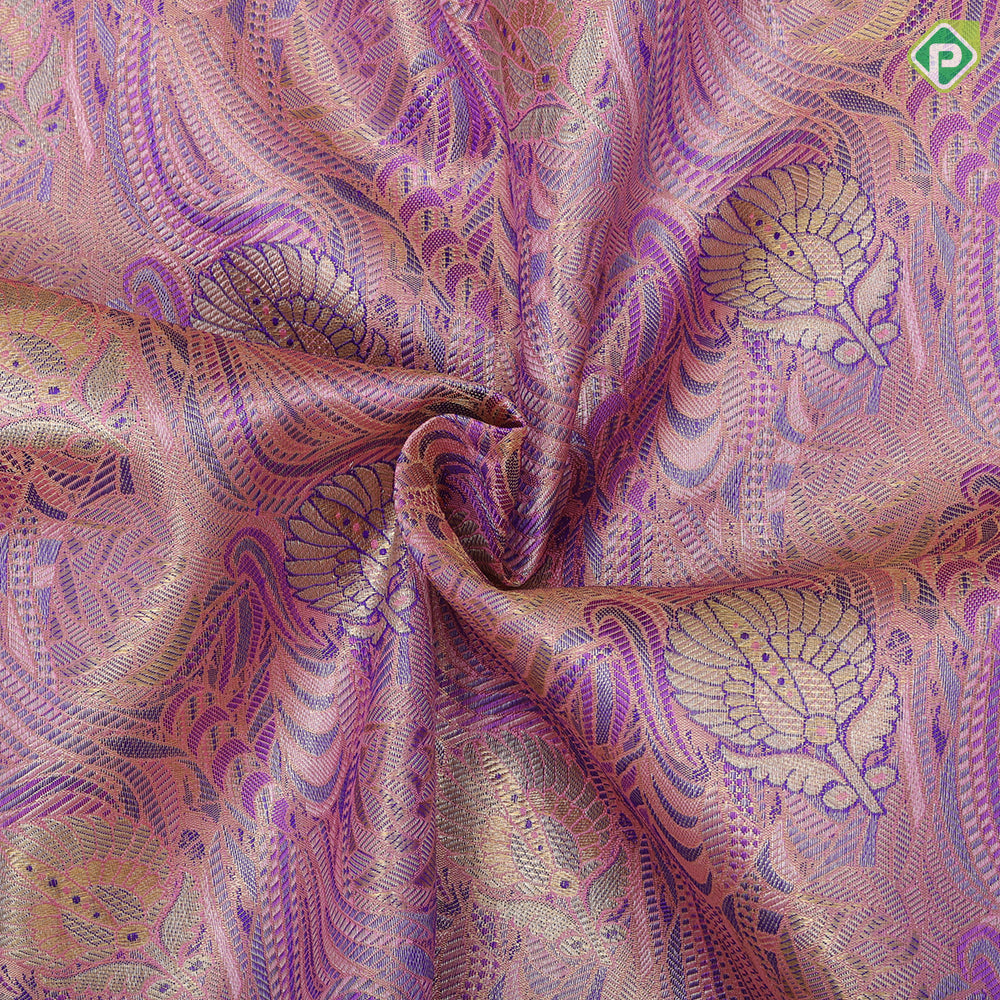 Orange and green base silver gold zari fancy design leaf green gold zari rangoli border pattu paavadai lehanka