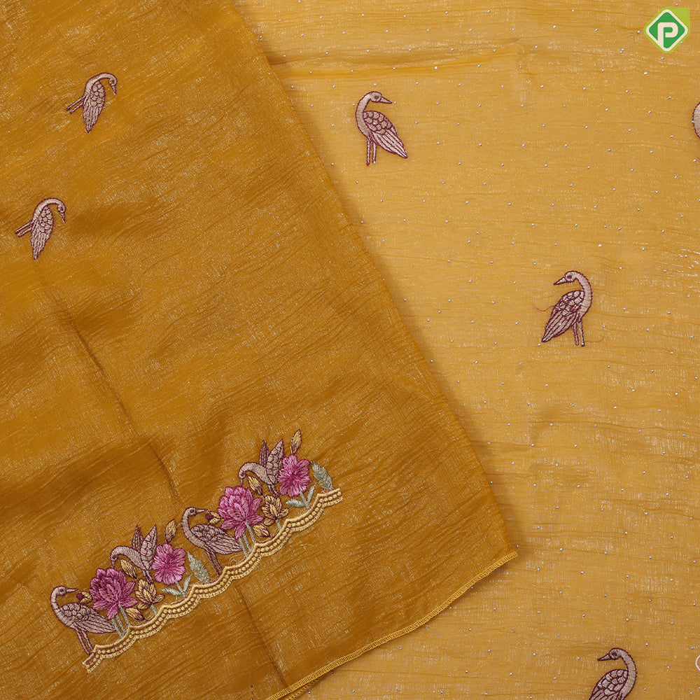 Mustard yellow tissue effect flamingo butta embroidered design multi color cut work border hollywood fancy saree