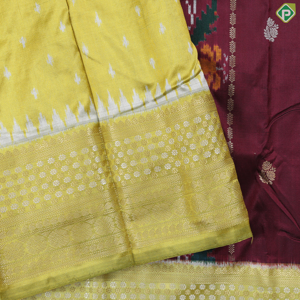 Wine maroon gold zari stripes ikkat design contrast kelly green silver gold zari flower butta border ikkat silk saree