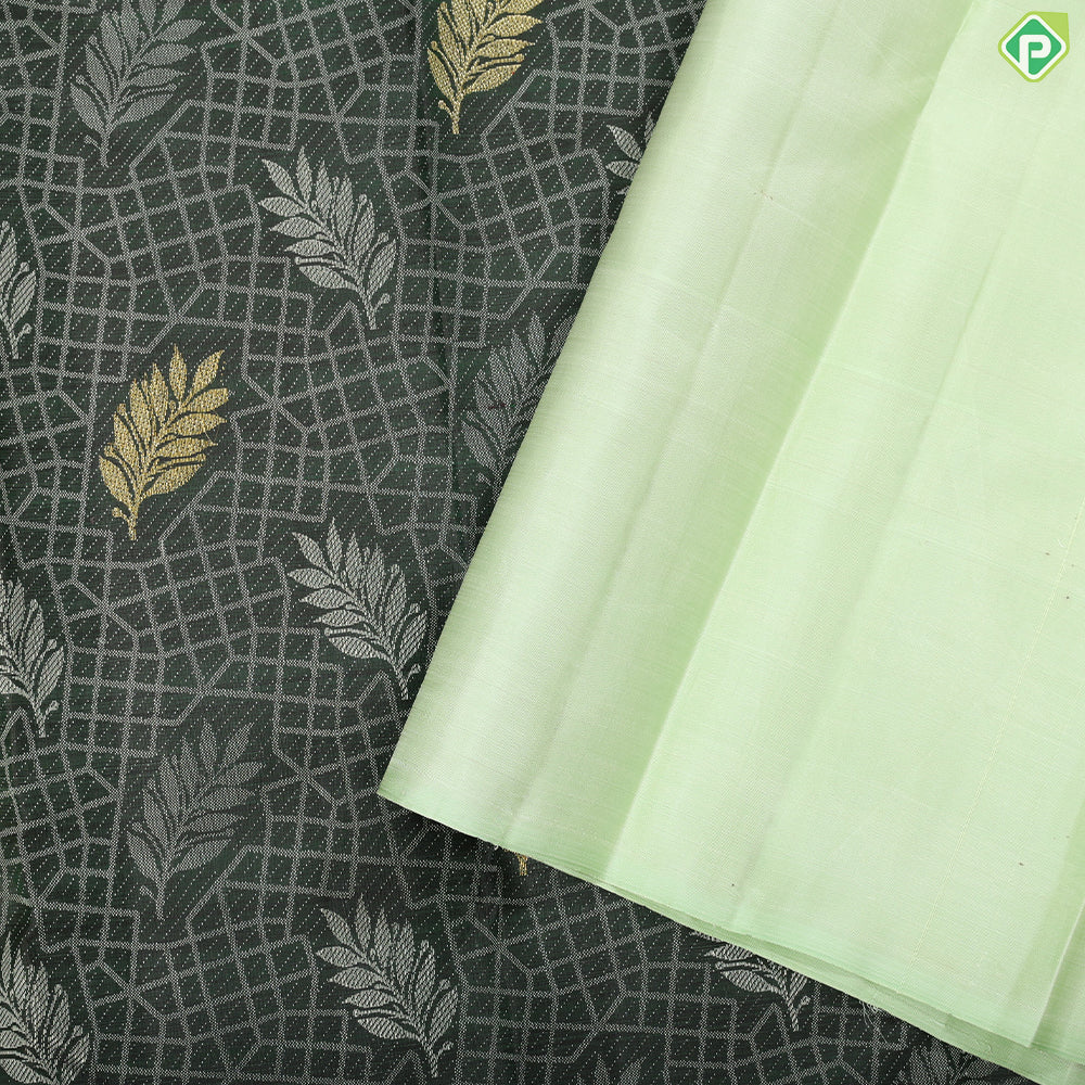Olive green gold zari leaf butta thread work design self multi color zari butta border trendy silk saree
