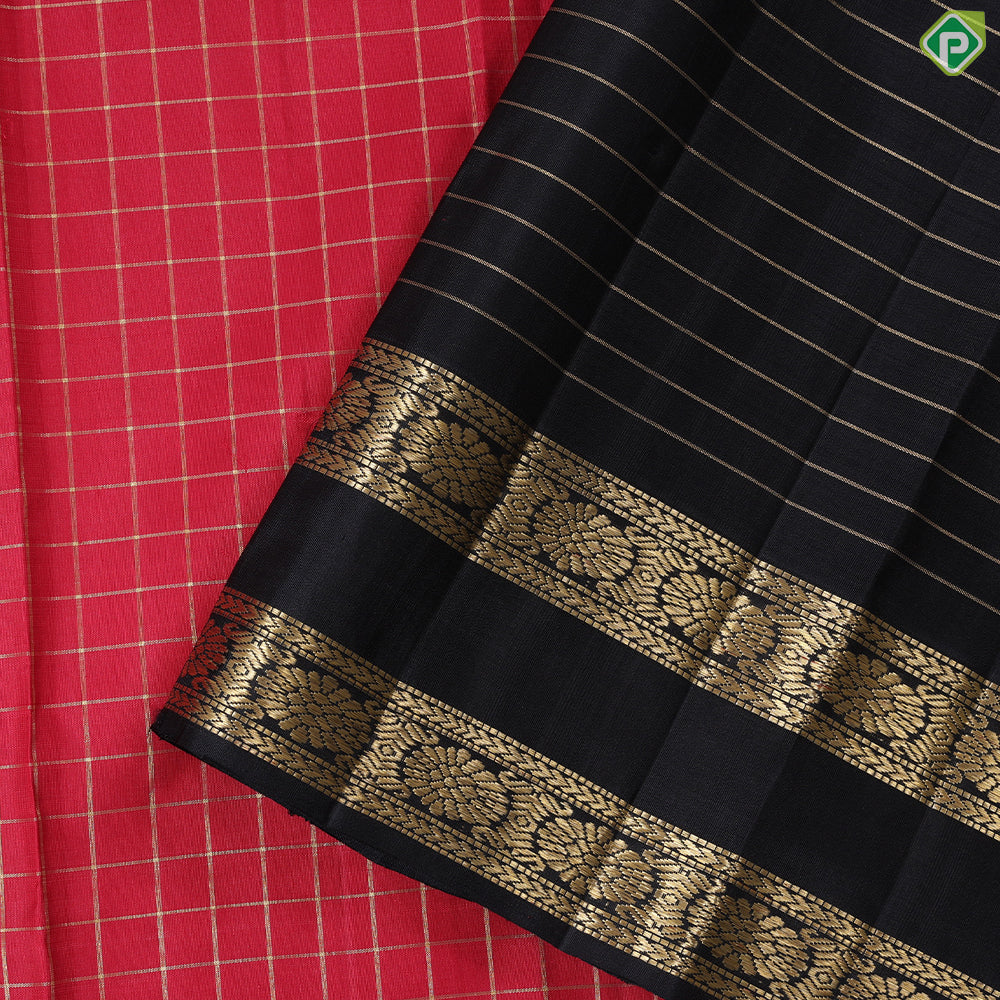 Maroon Red with gold zari checkered(Kattam) Luxury black rettapet border retro traditional silk saree