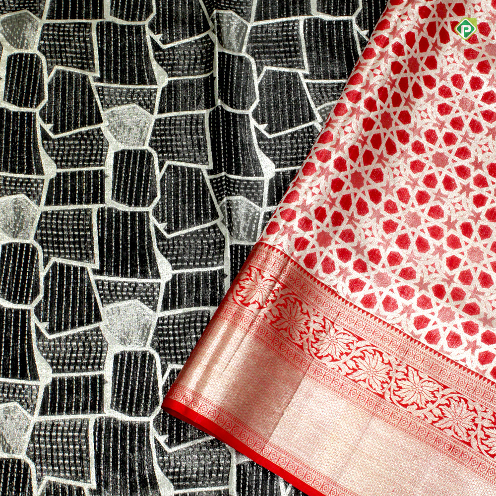 Black With Chilly Red Colour Big Shape Motifs Grand Bridal Wedding Silks Saree