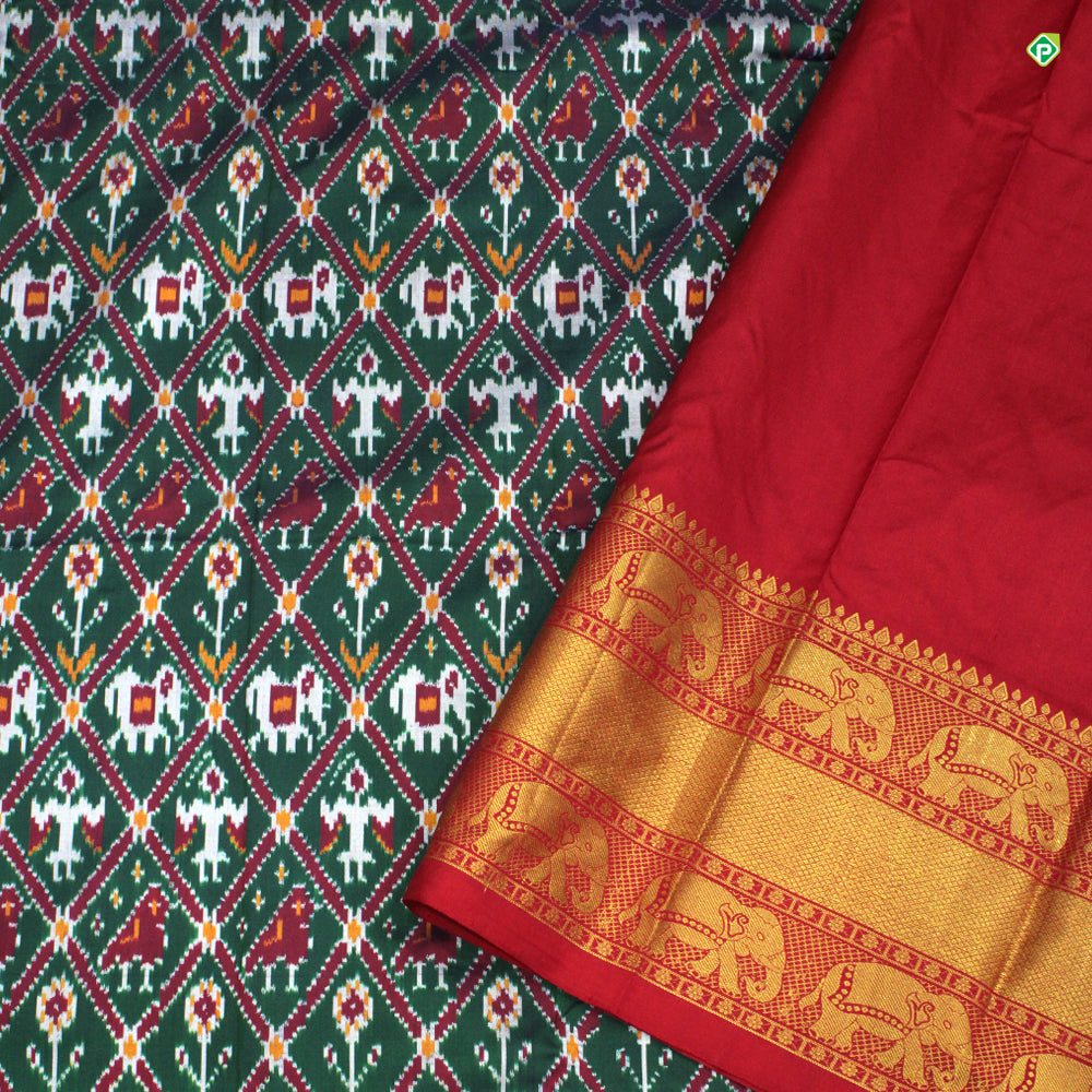 Bottle Green With Brick Red Colour All Over Ikkat Motifs ikkat Silks Saree