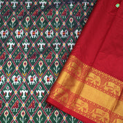 Bottle Green With Brick Red Colour All Over Ikkat Motifs ikkat Silks Saree