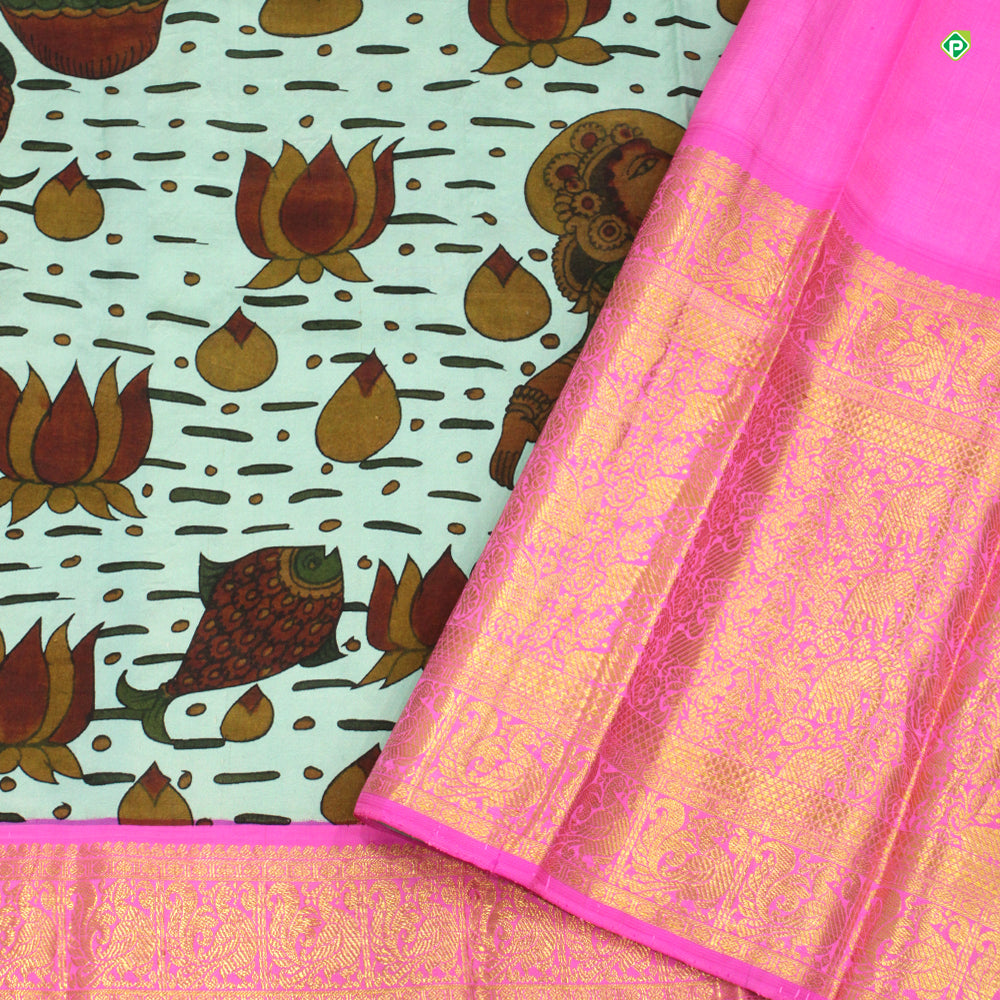 Rama Blue With Peach Pink Hand Painting Kalamkari Silks Saree