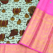Rama Blue With Peach Pink Hand Painting Kalamkari Silks Saree