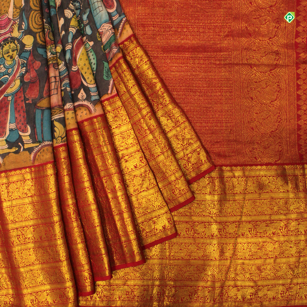 Pewter Grey With Brick Red Pure Hand Painting Kalamkari Silks Saree