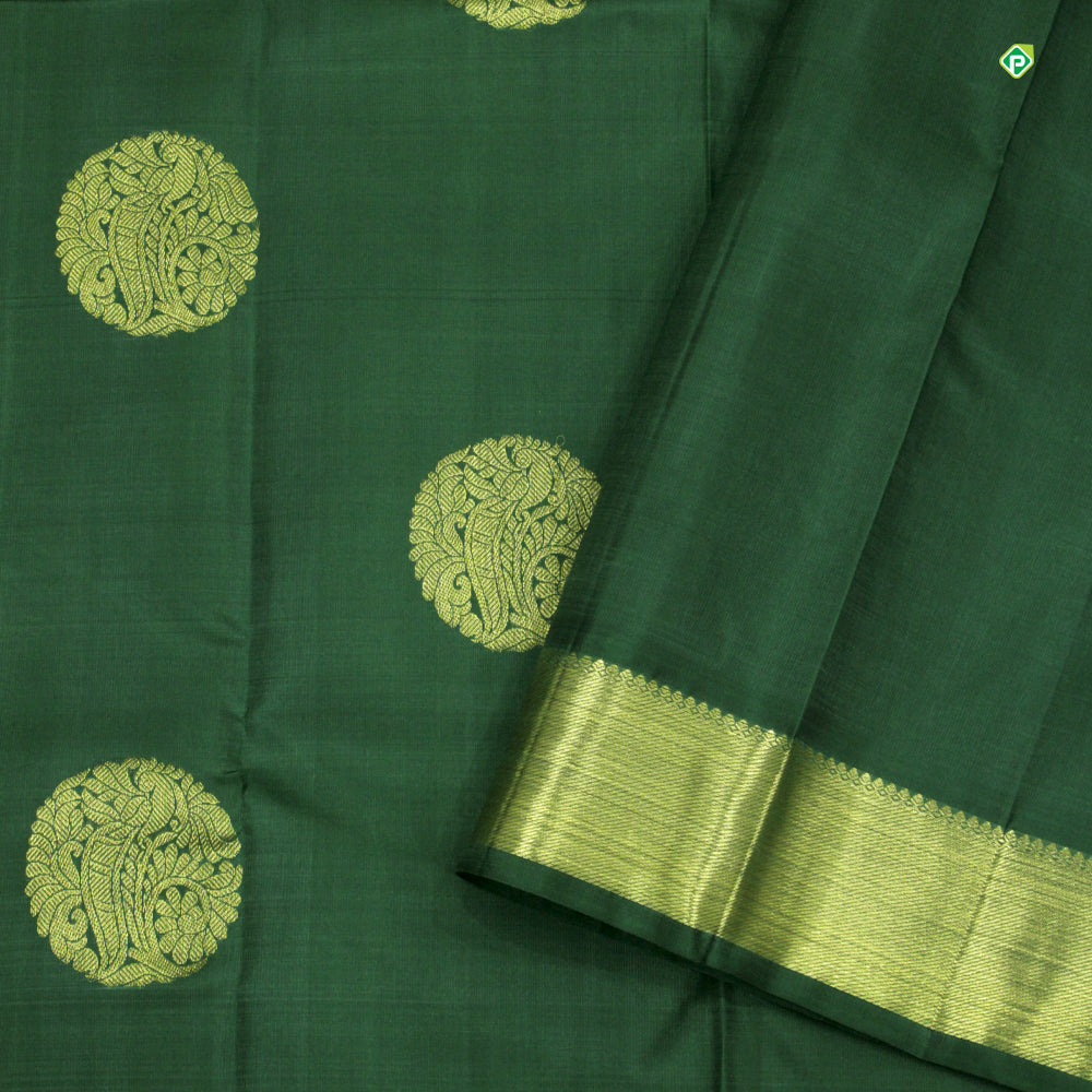 Forest Green Colour Big Chakra Inside Peacock And Floral Motifs Traditional Silks Saree