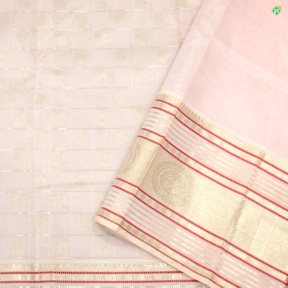 Baby Pink With Silver Zari Checked Peacock Chakram Motifs Kuppadam Silk Cotton Sarees