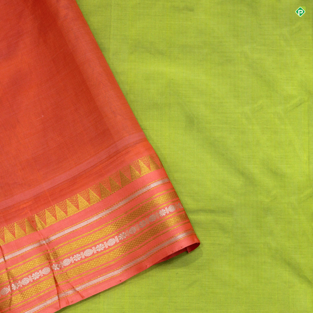 Kelly Green Orangish Pink Temple Silver Rudraksham Border Kuppadam Silk Cotton Saree