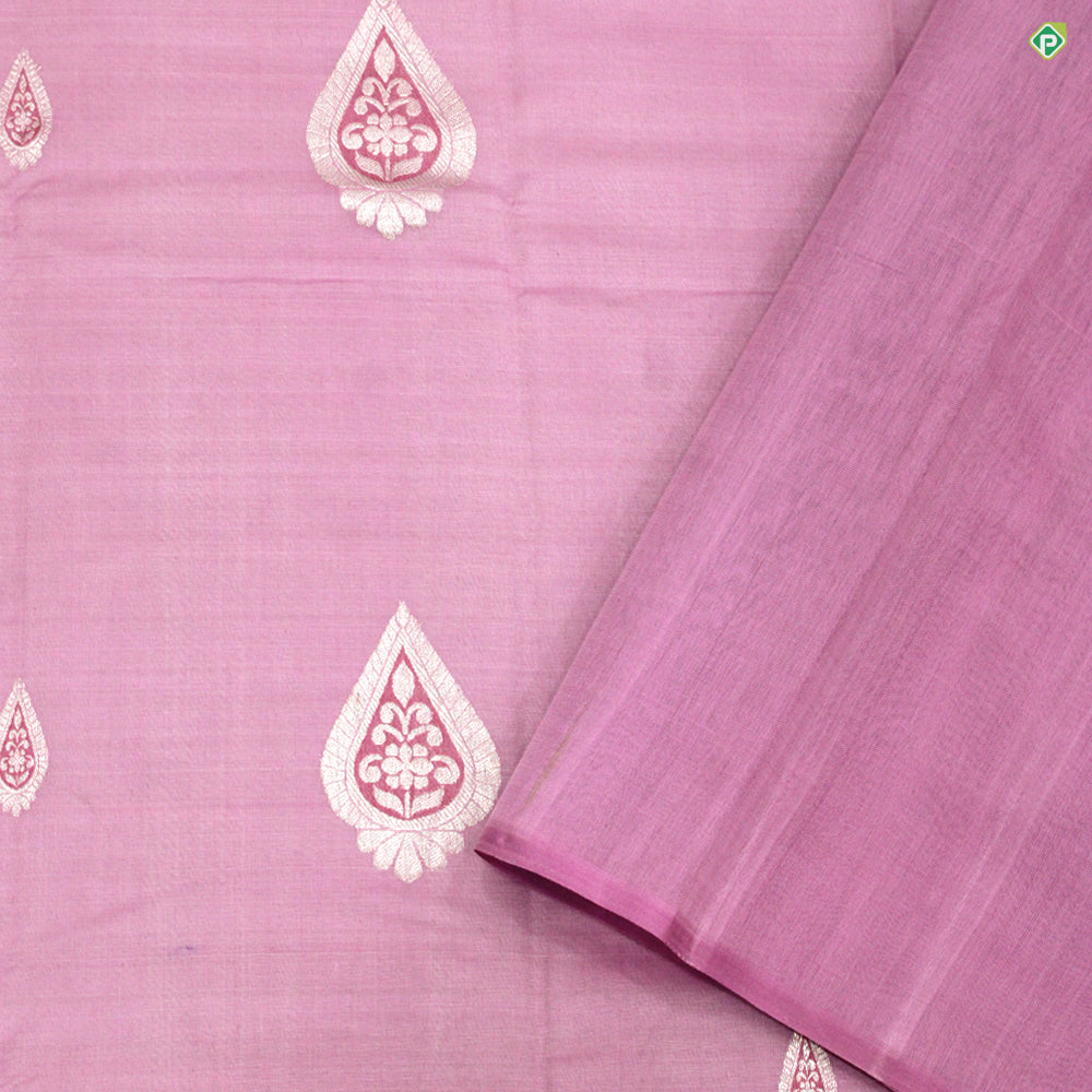 Rose Pink Thilagam Meena Work Silver Zari Fancy Border Pure Silk Linen Saree