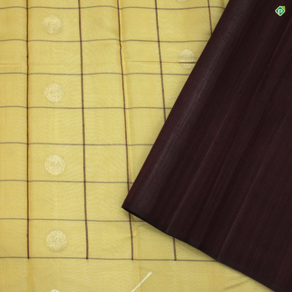 Cream Sandal Checked Silver and Gold Zari Leaves Border Pure Kora Silk Saree