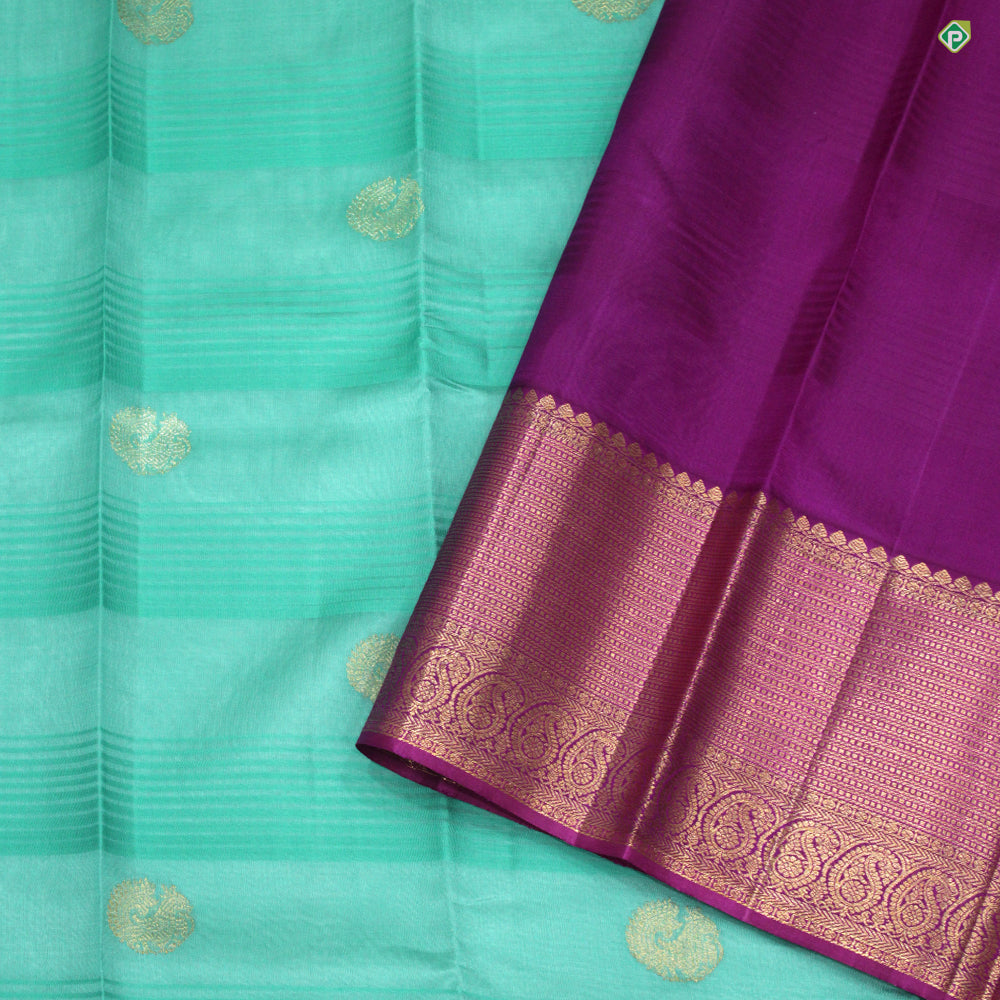 Sea Green With Peacock Motifs Pink Embossed Mango And Button Zari Border Pure Linen Silk Saree