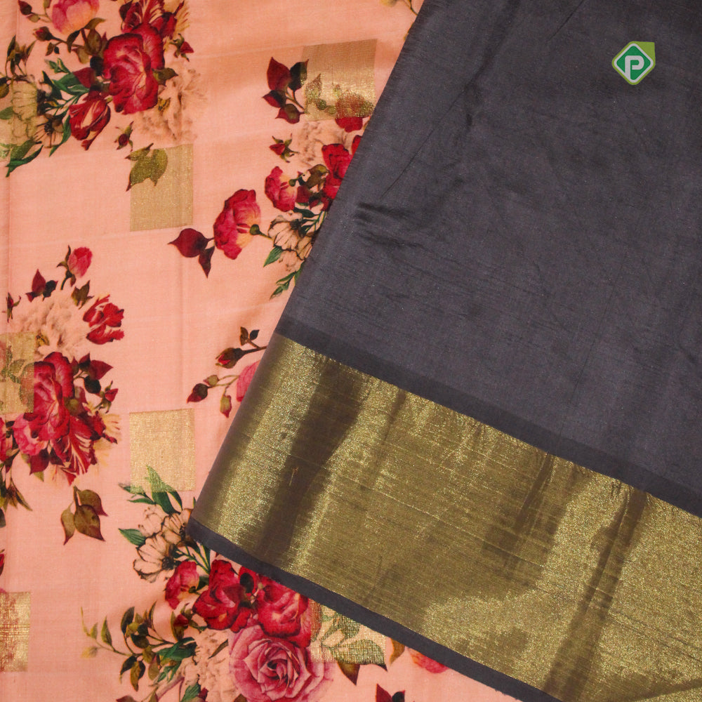 Peach Pink Gold And Silver Zari Plain Border Pure Printed Saree