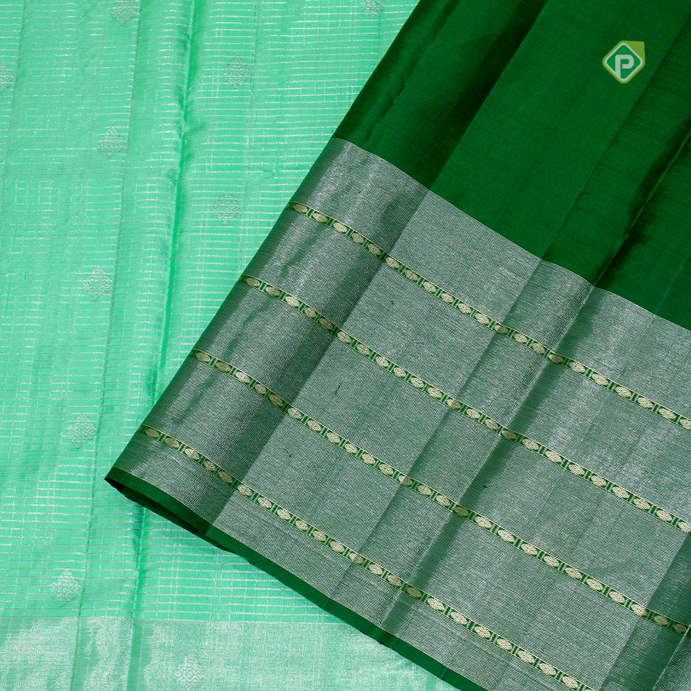 Pista Green Silver Zari Weaved Four Line Rudraksham Border Traditional Silk Saree